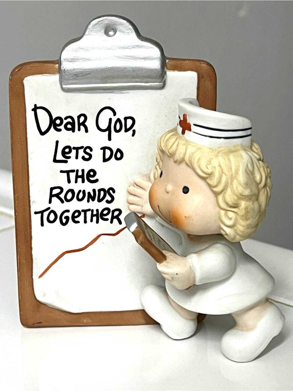 VTG Enesco Ceramic Nurse Figurine 'Dear God Lets Do the Rounds Together' 1982